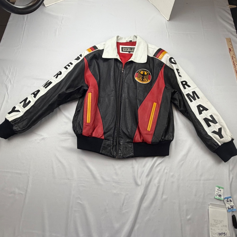 Excelled Leather Bomber Jacket Mens Large Black Germany Deutschland Crest Vintag